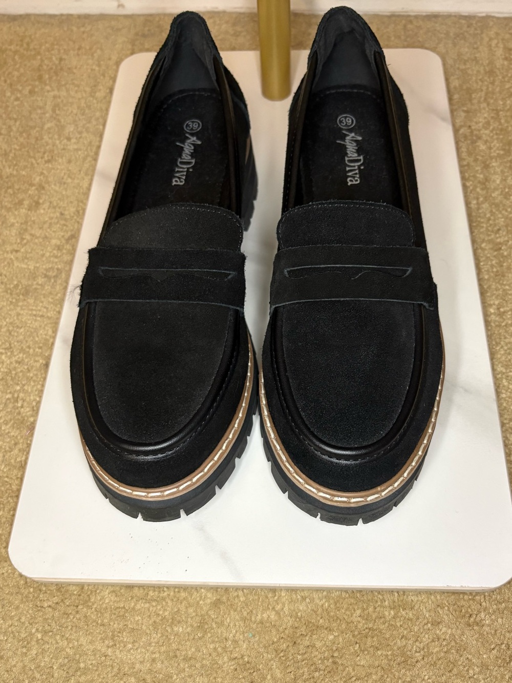 Aqua Diva Lola Black Suede Platform Penny Loafers - Picture 2 of 8